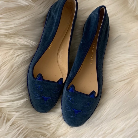 Charlotte Olympia Shoes - Charlotte Olympia blue velvet Kitty flats